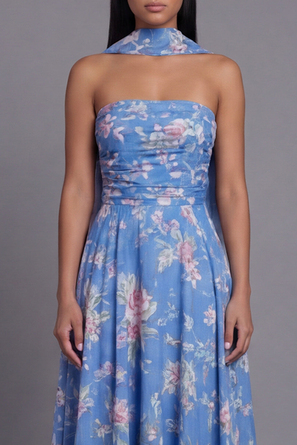 Wedtrend Women Strapless Floral Wedding Guest Dress Blue Ruched A Line