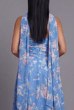 Strapless Blue Floral Ruched A Line Midi Wedding Guest Dress with Sash