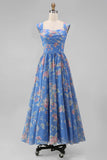 Floral Blue A Line Midi Wedding Guest Dress with Cap Sleeves