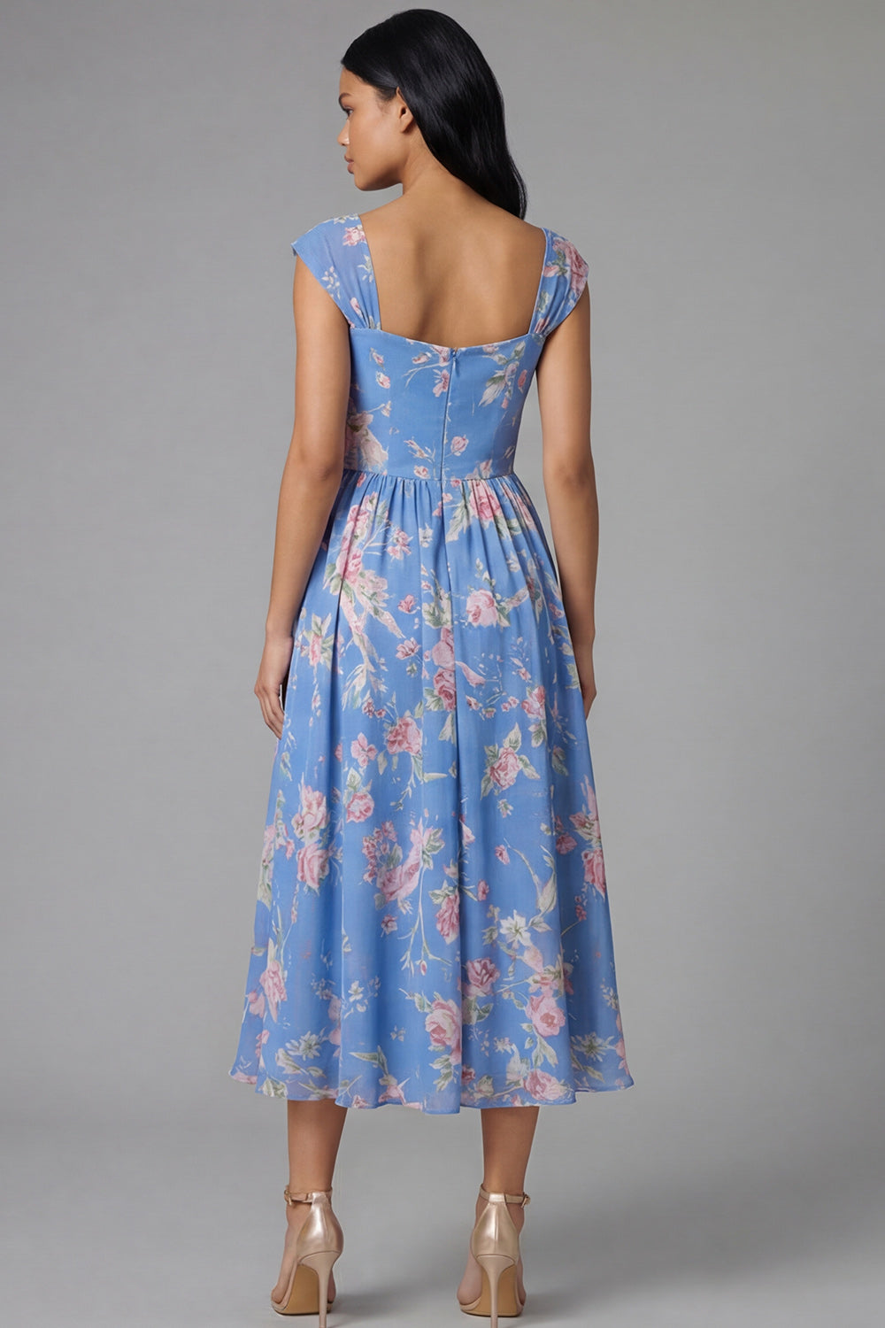 Wedtrend Women Floral Wedding Guest Dress Cap Sleeve Blue A Line Midi Party Dress, Blue / US22W
