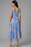 Floral Blue A Line Midi Wedding Guest Dress with Cap Sleeves