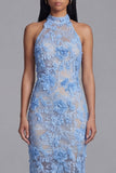 Halter Blue Appliqued Sheath Midi Wedding Guest Dress