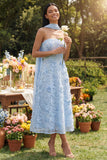 Strapless Blue Appliqued A Line Midi Wedding Guest Dress