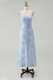 Blue Floral A Line Square Neck Midi Wedding Guest Dress