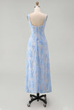 Blue Floral A Line Square Neck Midi Wedding Guest Dress