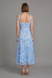 Blue Floral A Line Square Neck Midi Wedding Guest Dress