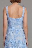 Blue Floral A Line Square Neck Midi Wedding Guest Dress