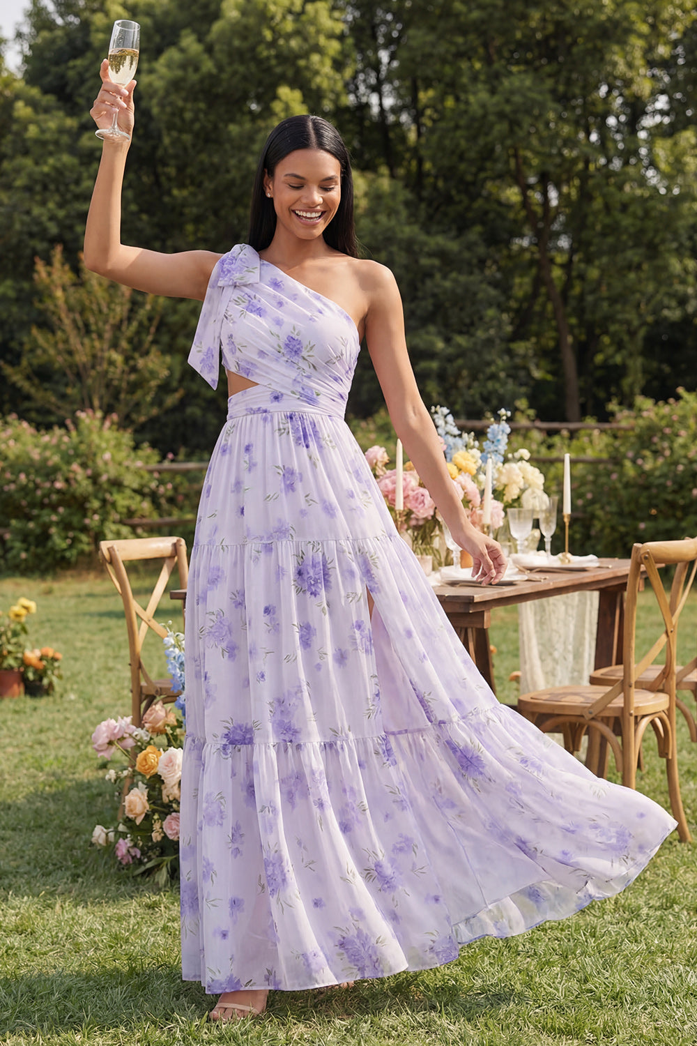 Wedtrend Women One Shoulder Wedding Guest Dress Bowed Cut Out Floral Ruched A Line Lilac Party Dress, Lilac / US6
