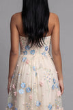 Strapless A Line Floral Ruffled Champagne Wedding Guest Dress