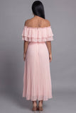 Off the Shoulder Pleated A Line Pink Wedding Guest Dress