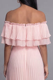 Off the Shoulder Pleated A Line Pink Wedding Guest Dress