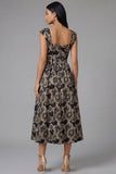 Black Printed A Line Midi Wedding Guest Dress