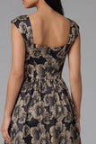 Black Printed A Line Midi Wedding Guest Dress
