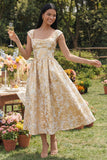 Black Printed A Line Midi Wedding Guest Dress
