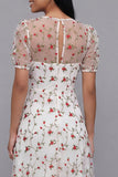 White Floral A Line Midi Wedding Guest Dress with Short Sleeves