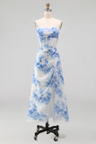 Floral Blue Corset Ruched A Line Midi Wedding Guest Dress with Slit
