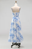 Floral Blue Corset Ruched A Line Midi Wedding Guest Dress with Slit