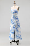Floral Blue Corset Ruched A Line Midi Wedding Guest Dress with Slit