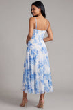 Floral Blue Corset Ruched A Line Midi Wedding Guest Dress with Slit