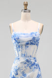 Floral Blue Corset Ruched A Line Midi Wedding Guest Dress with Slit