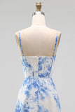 Floral Blue Corset Ruched A Line Midi Wedding Guest Dress with Slit