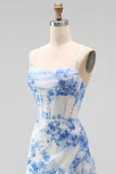 Floral Blue Corset Ruched A Line Midi Wedding Guest Dress with Slit