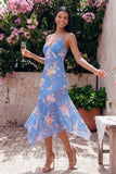 Blue Floral Spaghetti Straps A Line Midi Wedding Guest Dress