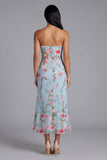 Strapless Blue Floral Midi Wedding Guest Dress
