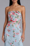 Strapless Blue Floral Midi Wedding Guest Dress