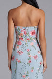 Strapless Blue Floral Midi Wedding Guest Dress