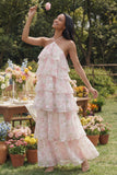 Pink Floral Halter A Line Tiered Maxi Wedding Guest Dress
