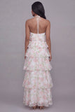 Pink Floral Halter A Line Tiered Maxi Wedding Guest Dress
