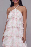 Pink Floral Halter A Line Tiered Maxi Wedding Guest Dress