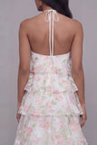 Pink Floral Halter A Line Tiered Maxi Wedding Guest Dress