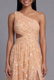 One Shoulder Floral Cut Out Light Orange Wedding Guest Dress