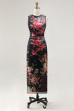 Black Floral Bateau Neck Ruched Midi Wedding Guest Dress