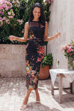 Black Floral Bateau Neck Ruched Midi Wedding Guest Dress