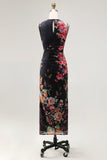Black Floral Bateau Neck Ruched Midi Wedding Guest Dress