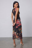 Black Floral Bateau Neck Ruched Midi Wedding Guest Dress