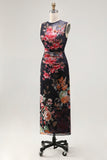 Black Floral Bateau Neck Ruched Midi Wedding Guest Dress