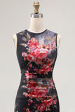 Black Floral Bateau Neck Ruched Midi Wedding Guest Dress