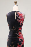 Black Floral Bateau Neck Ruched Midi Wedding Guest Dress
