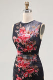 Black Floral Bateau Neck Ruched Midi Wedding Guest Dress