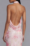 Halter Pink Floral Mermaid Maxi Wedding Guest Dress