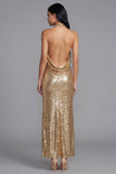 Sparkly Gold Halter Wedding Guest Dress with Slit