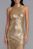 Sparkly Gold Halter Wedding Guest Dress with Slit