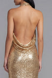 Sparkly Gold Halter Wedding Guest Dress with Slit