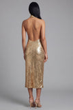 Sparkly Gold Halter Midi Wedding Guest Dress with Slit