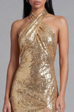 Sparkly Gold Halter Midi Wedding Guest Dress with Slit