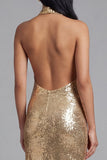 Sparkly Gold Halter Midi Wedding Guest Dress with Slit